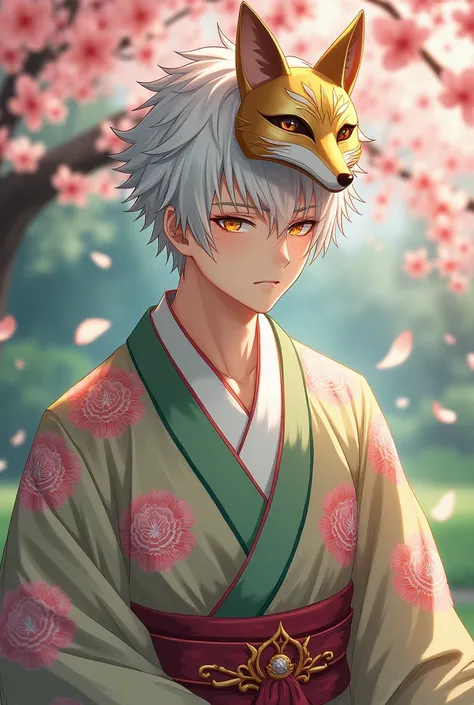 Male with white, short hair、Eyes are yellow、She is wearing a kimono.
She is wearing a fox mask on the right side of her head.、The kimono pattern is camellia。