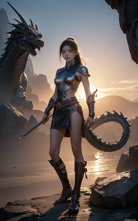 Ultra-high resolution，High-resolution details，photo (Female warrior with Chinese dragon in the background), full-body shot，20 years old woman，delicate and pretty，Very detailed, 8K, illustration, Concept Art, Clear focus, Volumetric Lighting, Epic creation