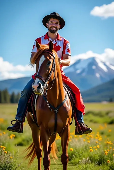 Canada flag on horse with paint shirt man