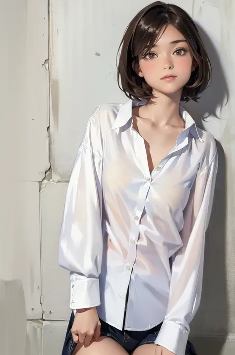 High Definition, Beautiful Japanese Idol Teenage Girl with Dark Hair, Dark Beautiful Droopy Eyes, ((Very Short Hair)), Silk Skin, Blush, Bashful Face, Photorealistic, Portrait, Masterpiece Painting, One Woman (White Shirt:1.5), Flat Breasts, 8K, Leaning Ag...