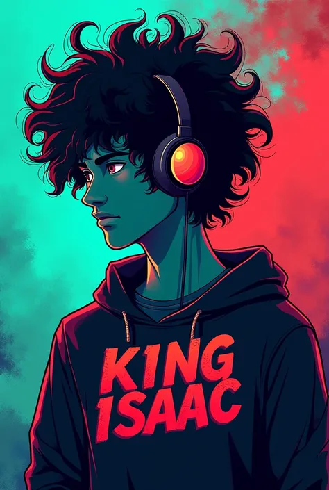 Create a logo for me, where the main character is a tall guy with curly black hair that looks like a gamer, the background should be blue, red and green and suitable for profile photos, I want everything written King Isaac