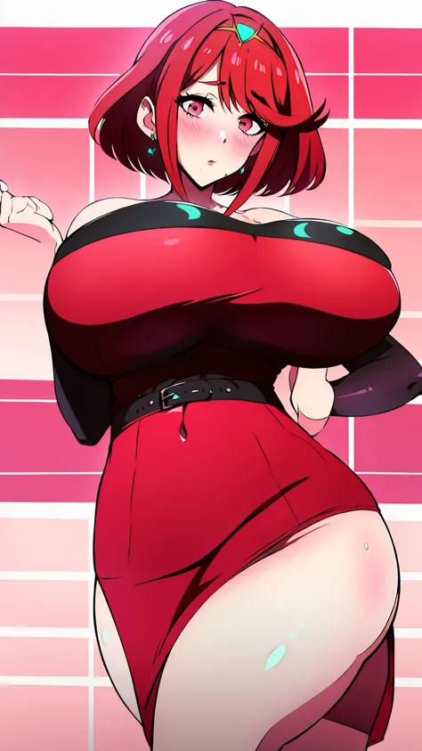 best quality, high resolution, large breasts, blush, embarrassed, cowboy shot, looking at viewer, pyra, pink lip, sexy legs, heels, sexy pose, (((gigantic breasts))), 