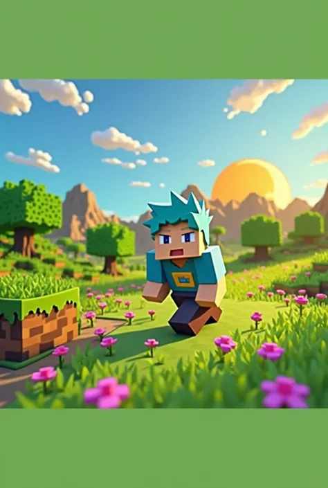 Generate a character walking through a landscape in the same style as Minecraft