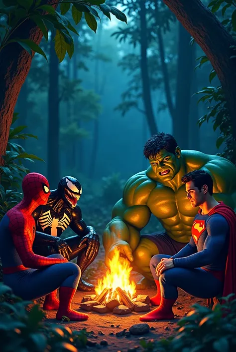  The Spider-Man venom Hulk and supean resting around a small campfire in the middle of the dense jungle. The light from the fire illuminates their tired but resolute faces.