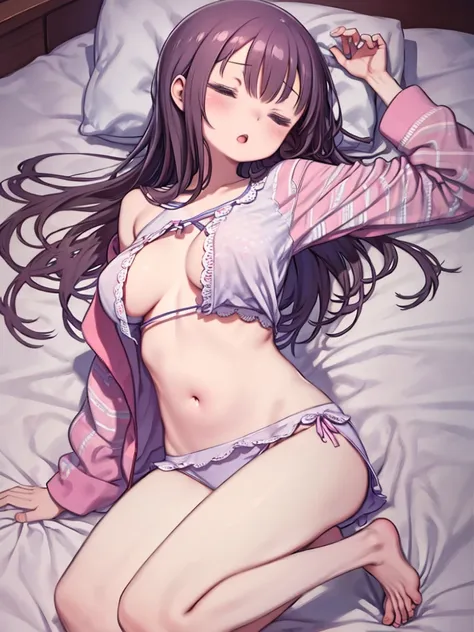 One Woman、Sleeping in bed、futon、Close ~ eyes、Open your mouth、Sleeping in a bad position、Snoring、In pajamas、cute、Angle from above、Spread your limbs、belly button、barefoot、Drooling、Big Breasts、
