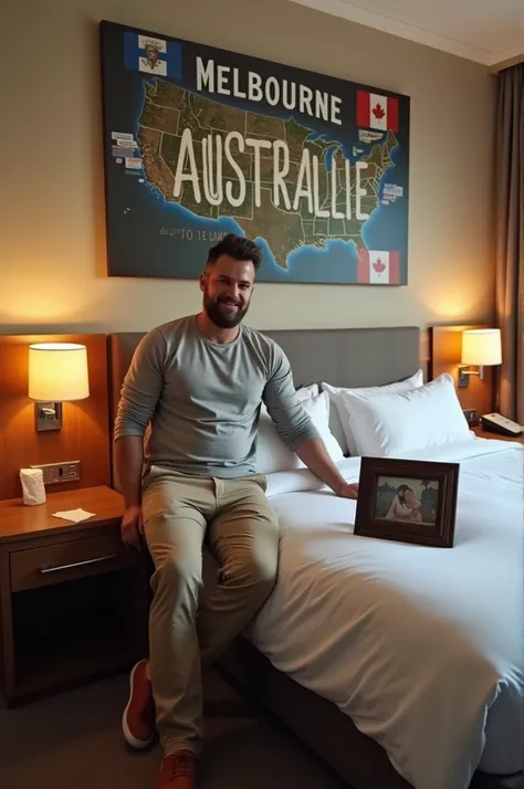 Homme caucasien grand de taille, charmant, un peu costaud, habillé en pantalon et tee-shirt manche longue, assis ou adossé sur une table dans une grande chambre dhôtel, sur la table quil y ait également un papier mouchoir déjà utilisé sur la table et sur l...