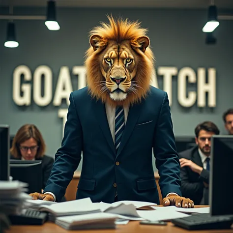 Lion with suit in the office angry and behind letter “GOAT DISPATCH TEAM”