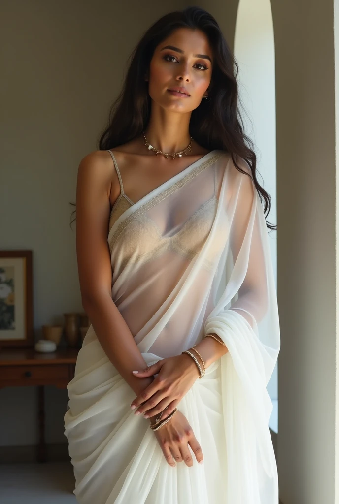 Indian woman wearing full transparent white saree showing nipples and vaginal hairs