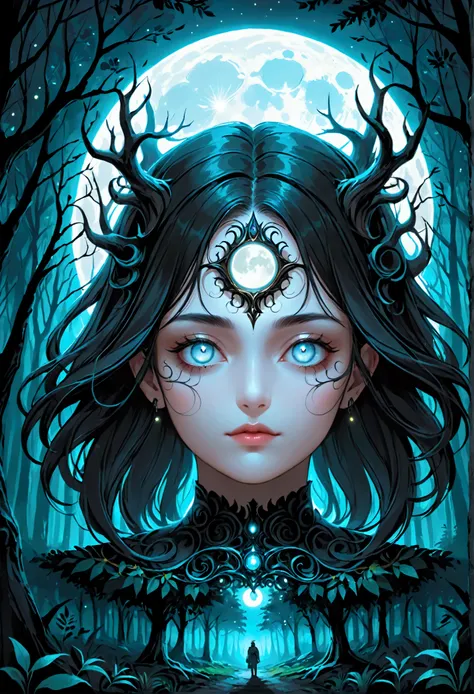 DARK FOREST WITH DETAILS MOON IN THE SKY WITH DETAILS. illustration of face, hidden optics 