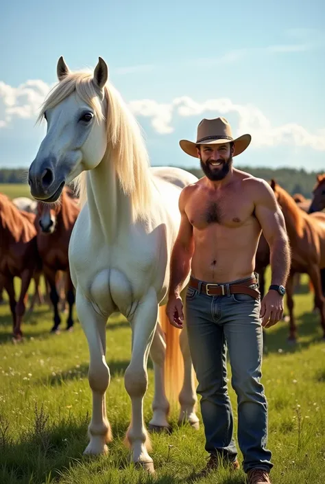 A man with with one beautiful hairy white horse and back with many horses 