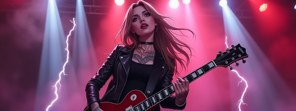 A wide, anime-styled scene featuring a powerful female vocalist and guitarist on stage. The stage is dark and intense, with deep purples and crimson reds setting a dramatic backdrop. Sharp white spotlights cut through the smoky air, adding a sense of urgen...