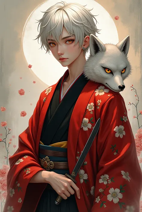 Male with white, short hair、Eyes are yellow、She is wearing a kimono.
She is wearing a fox mask on the right side of her head.、The kimono pattern is camellia。
Youth、The kimono is red and black。
The eyebrows are white.。Im carrying a knife.
Im handsome.。