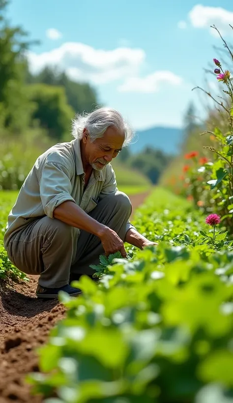 Uncle Tu is an old man, skinny with gray hair and tanned skin. He usually wears simple clothes like old shirts, long pants and sandals. He waters his vegetable garden
Note: 2d image 