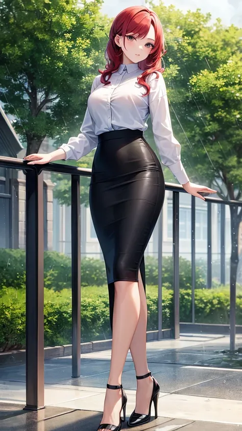 masterpiece, best quality, high detail, beautiful woman, wavy hair, red hair, low ponytail, white blouse, long black pencil skirt, heels, looking at viewer, wide eyed, spring garden, cloudy sky, rainy backdrop, park, trees, walking,