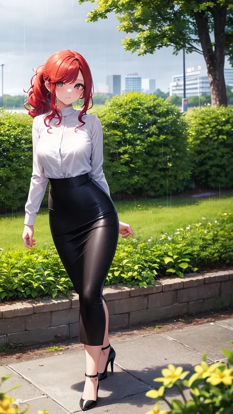 masterpiece, best quality, high detail, beautiful woman, wavy hair, red hair, low ponytail, white blouse, long black pencil skirt, heels, looking at viewer, wide eyed, spring garden, cloudy sky, rainy backdrop, park, trees, walking,