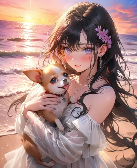 8k,Ephemeral beauty，Very delicate and beautiful,Beautiful and realistic skin,,Black Hair、Long and colorful hair,Beautiful Eyes,good,Beautiful sunset、dog(chihuahua)hug、dog cream color、Walking on the beach with my dog
