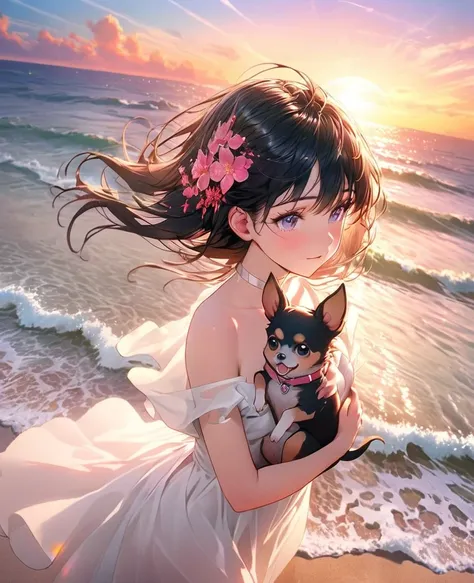 8k,Ephemeral beauty，Very delicate and beautiful,Beautiful and realistic skin,,Black Hair、Long and colorful hair,Beautiful Eyes,good,Beautiful sunset、dog(chihuahua)hug、dog cream color、Walking on the beach with my dog
