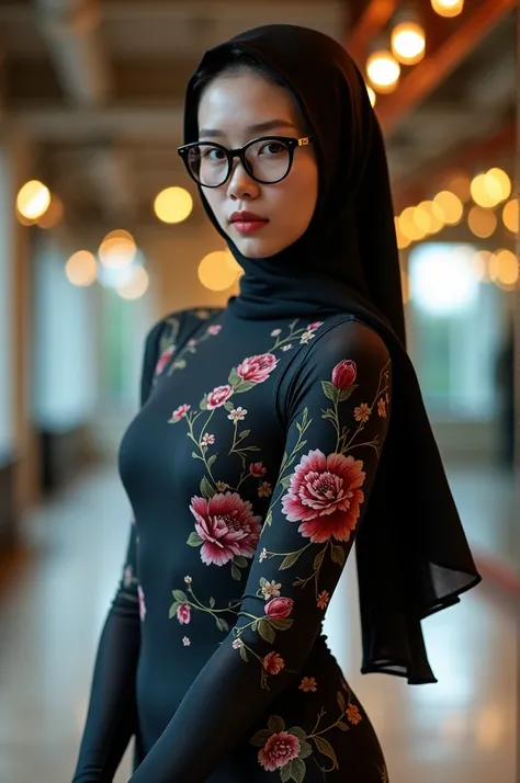 The beautiful Chinese flexible adult girl wearing a black glasses with beautiful cheeks wears black floral print full lycra dancewear turtleneck unitard catsuit.She always wears black floral print lycra elastane hijab-like zentai hood.