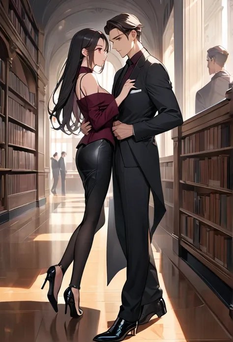 In this captivating anime scene, a couple is depicted in a moment of contrasting emotions and styles, set against the backdrop of a library. The woman, with her long straight black hair, exudes sophistication in her chic and refined attire. She is dressed ...