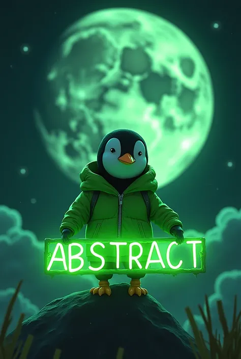 4k in anime dark art, a black white little penguin with gree jacket sitting on the green big chain word ABSTRACT chain on the word. on a moon  so the aliens can see with the word ABSTRACT 