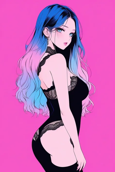 Illustrator, anime , Realistic ,sketch , 1 person, model, Age 25, lip, Black lingerie with a sheer look, featuring abundant lace., order, Blue and pink gradient background, Neon Medium Hair, Big Breasts, look back, Upper Body, Sexy look, Texture Trim, Cana...