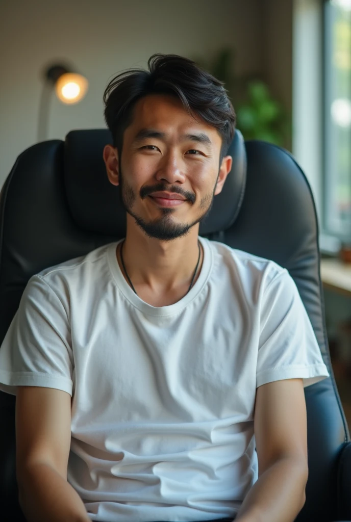 A 28-year-old Japanese man is sitting in a company chair.、The aura of a kind father、The eyes are double、Short Hair、Sunburn、Facing forward.
No beard.