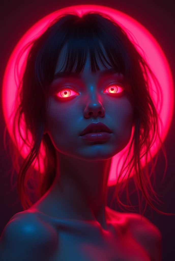 vivid neon lighting, glowing eyes, red and pink hues, ethereal halo, soft facial features, intense gaze, dark background, smooth textures, anime-inspired, futuristic portrait, radiant glow, otherworldly atmosphere, surrealism, sharp contrasts, minimalistic...