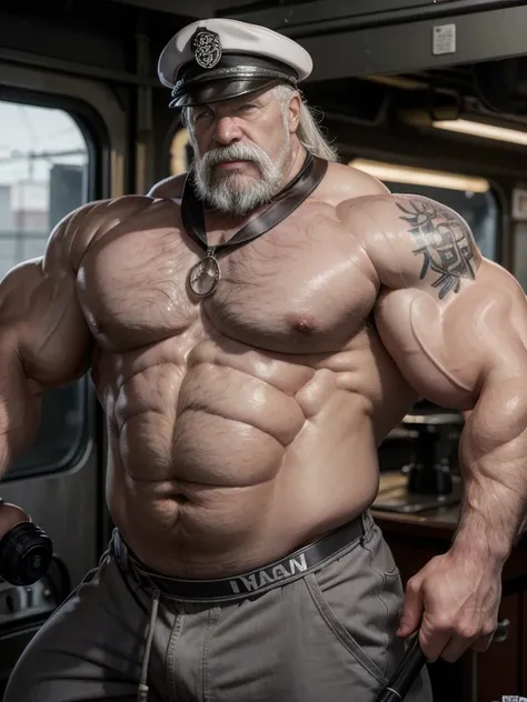 Hyperrealistic image of a Victorian train engineer with a neckerchief and a train engineers cap, a superhero sweating profusely with very long gray hair.. an 80 year old man, body-builder, Very muscular, weighing over 200 kilos, with bare chest, large and ...