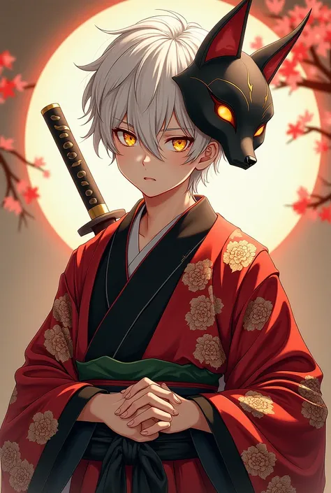 Male with white, short hair、Eyes are yellow、She is wearing a kimono.
She is wearing a fox mask on the right side of her head.、The kimono pattern is camellia。
Youth、The kimono is red and black。
The eyebrows are white.。Im carrying a knife.
Im handsome.。
Id l...