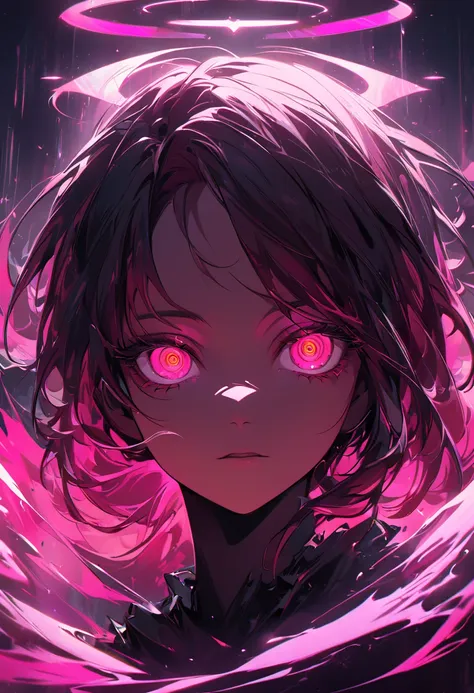 vivid neon lighting, glowing eyes, red and pink hues, ethereal halo, soft facial features, intense gaze, dark background, smooth...