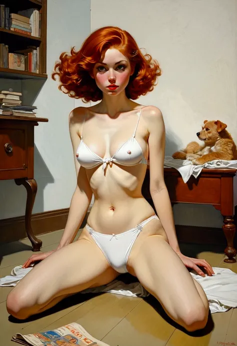 a girl in topless small white panties sitting on the floor legs wide open in the style of Gigi Cavenago and Jeffrey Jones and Albert Beck Wenzell and norman rockwell