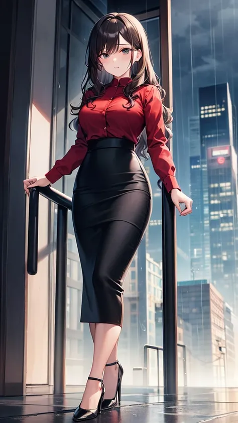 masterpiece, best quality, high detail, beautiful business woman, wavy hair, dark brown hair, business suit, ((red blouse)), ((black midi pencil skirt)), long black pencil skirt, ((black skirt)), heels, looking at viewer, rainy backdrop, storm, clouds, cit...