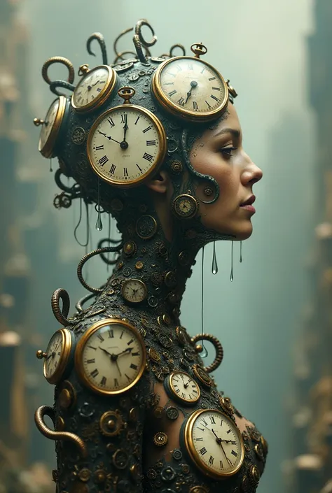 A portrait of a person whose head is made entirely of melting clocks, dripping and warping as if in a Dali painting. The hands of the clocks are elongated, wrapping around the figures body, blending seamlessly into their clothing, which is made of delicate...