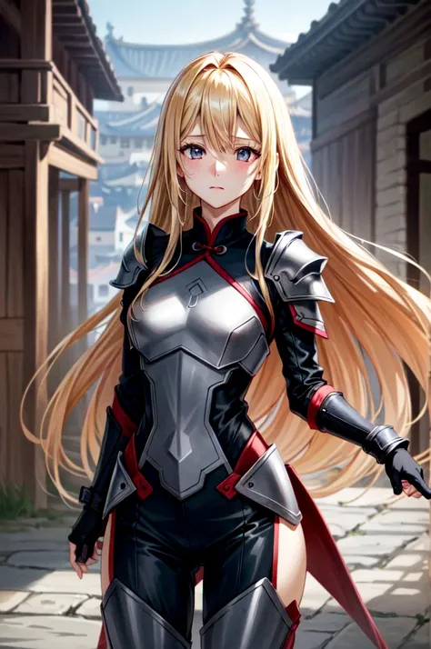 Armored１People Women, Wearing light armor, Black Hanfu, Tight waist, Straight Hair, hair over  eyes, despair, absurdly long hair, blonde hair, empty eyes, An old Chinese castle in the background, five fingers, anime, cinematic lighting, cowboy shot, UHD, r...