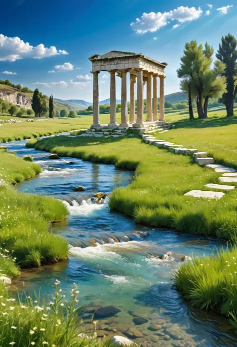 Blessed Land，A river flowing through a beautiful meadow with blue skies，Greek style pillars