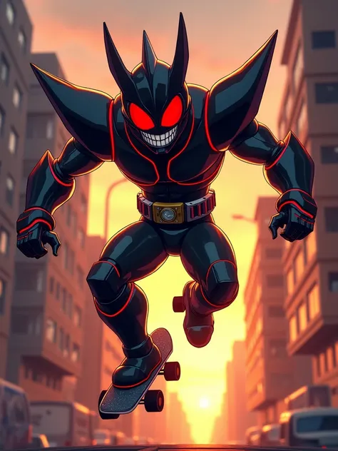 A captivating illustration of Skateboard Malgam, the menacing villain from the Kamen Rider series. The character has a unique appearance, with a skateboard as its head, featuring a stylized face with glowing red eyes and a grinning expression. The body is ...