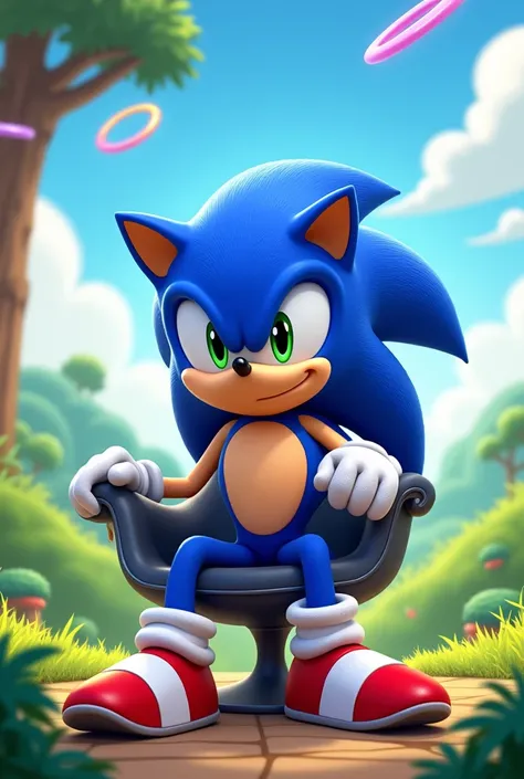 Sonic the hedgehog , solo, looking at viewer, smile, 1boy, standing, full body, sitting on chair, looking at viewer