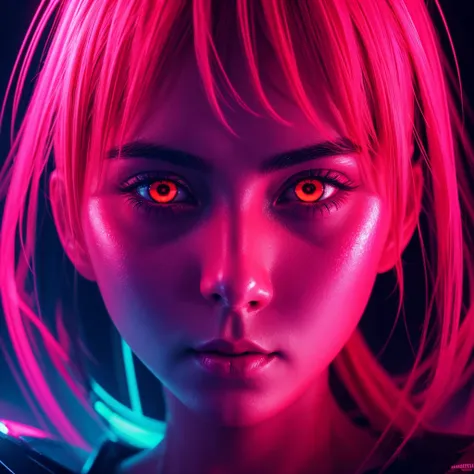 makima chaisaw man vivid neon lighting, glowing eyes, red and pink hues, ethereal halo, soft facial features, intense gaze, dark background, smooth textures, anime-inspired, futuristic portrait, radiant glow, otherworldly atmosphere, surrealism, sharp cont...