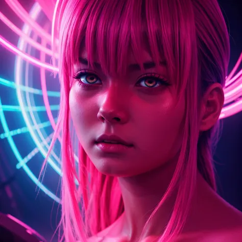 makima chaisaw man vivid neon lighting, glowing eyes, red and pink hues, ethereal halo, soft facial features, intense gaze, dark background, smooth textures, anime-inspired, futuristic portrait, radiant glow, otherworldly atmosphere, surrealism, sharp cont...