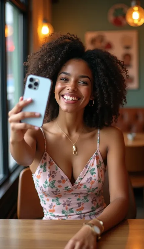 A brunette girl with curly hair and big breasts having coffee at starbucks giving a selfie pose  with her iphone14pro, show same girl with multiple posses in different dresses.