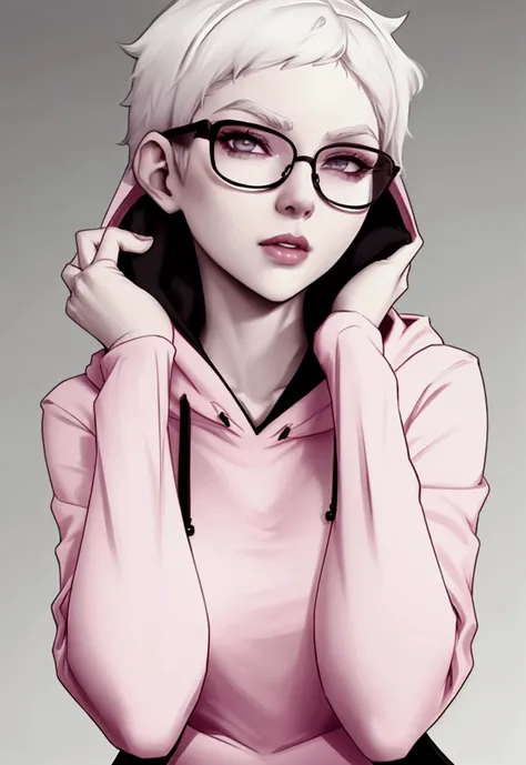 ((best quality))(more detailed)(best face)(best anatomy)(best hands)1 girl,short white hair, pale white skin, pink glasses with black frames, black hoodie, black jeans,Emilia, teenager, small breasts