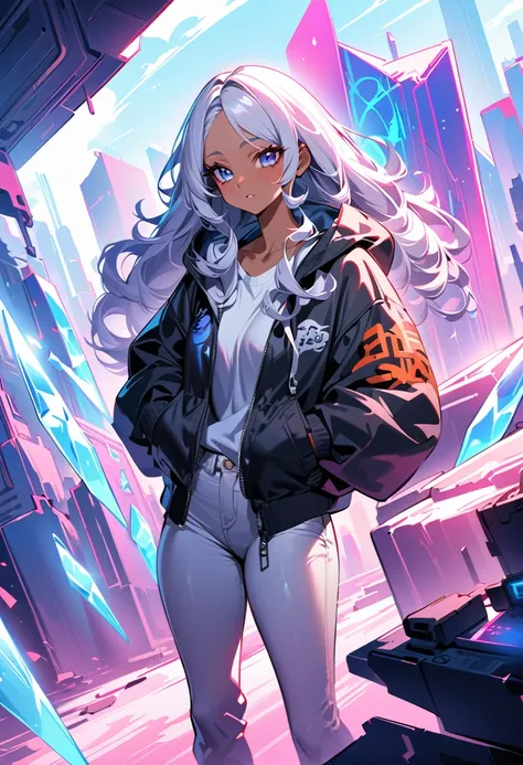 (masterpiece, best quality,ultra highres),a girl with long silver hair wearing a jacket and pants,curly hair, African American skin, girl fanart, she is wearing streetwear, digital illustration, ice psychic,ice force,girl in hoodie, afrofuturism