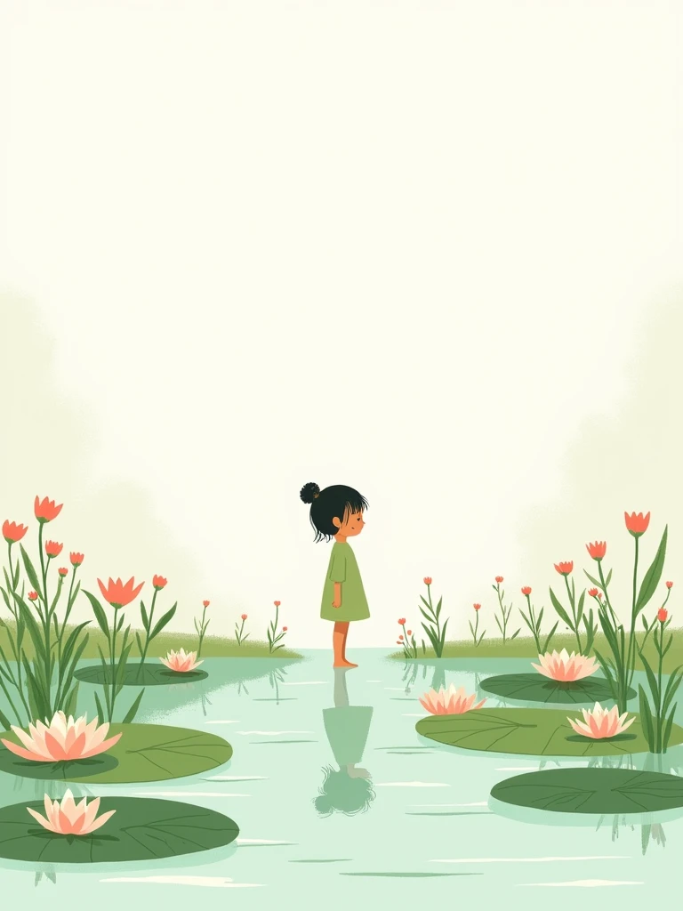 Off-white background, a standing on the edge of a pond surrounded by water lilies and flowers, off-white background, light green color scheme, childrens book illustration style, flat painting style, lots of white space, minimalism, ultra HD