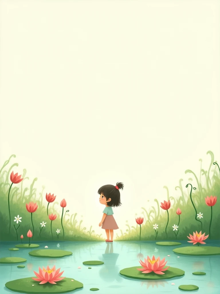 Off-white background, a standing on the edge of a pond surrounded by water lilies and flowers, off-white background, light green color scheme, childrens book illustration style, flat painting style, lots of white space, minimalism, ultra HD