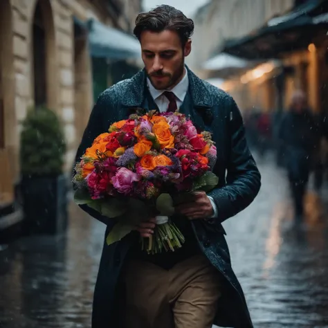 Un homme  français dage a la vingtaine pleurant tenant un bouquet dans la rue avec la pluie et son corps mouiller portant une veste 