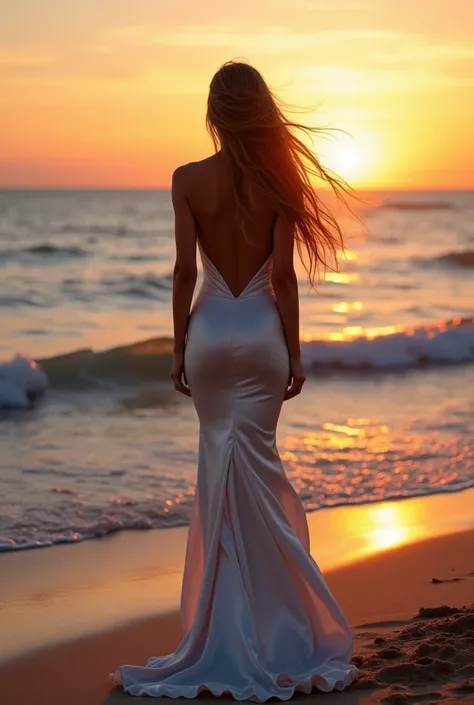 A girl in a long, tight-fitting dress, seen from behind, with the highest quality of detail, against the backdrop of the sea.