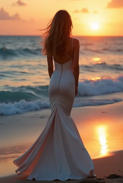 A girl in a long, tight-fitting dress, seen from behind, with the highest quality of detail, against the backdrop of the sea.