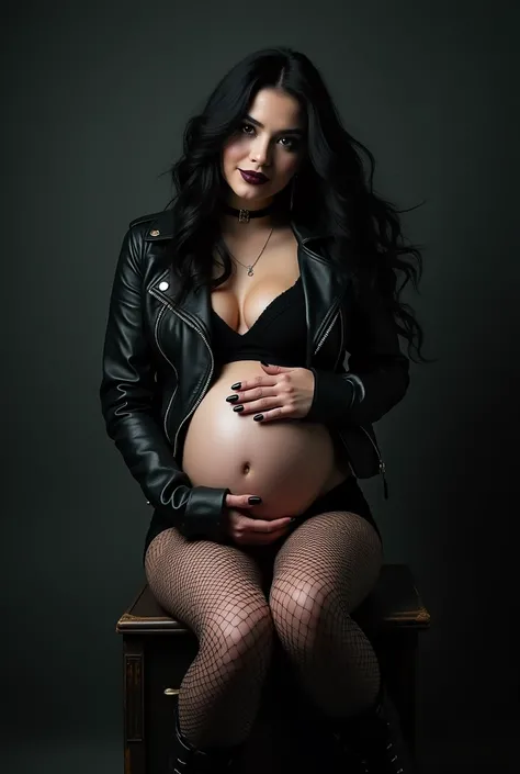 best quality, masterpiece , 1girl, light smile, black leather jacket, dramatic lighting, goth, black hair, black lipstick, fishnets, black boots, pregnant, shorts, sitting on you, touching breasts,