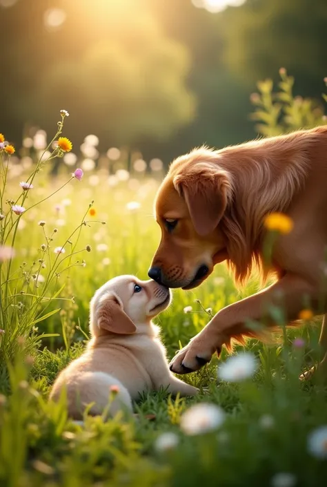 The dogs mother gave him a good pat.