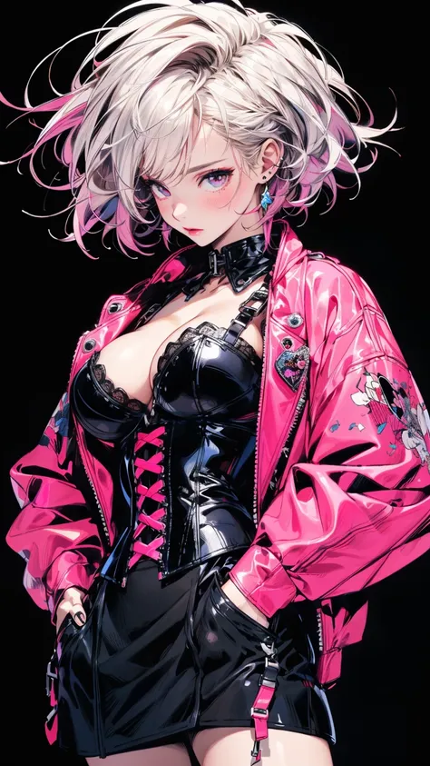 (Angle from below), A woman with something in her pocket, Asymmetrical short hair, Big Breasts, Exposed cleavage, Leather corset that fits perfectly to the skin, Tight black mini skirt, Pink jacket, Black Background, Anime Style, Digital Painting, (masterp...